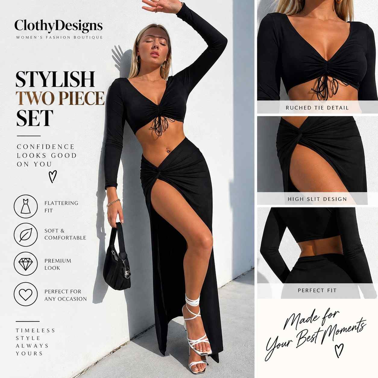 Women’s Long Sleeve Ruched Top & Split Skirt Set – Drawstring Bodycon Two-Piece Autumn Outfit